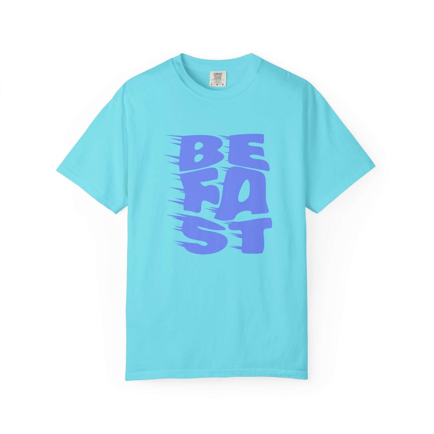 A light blue short-sleeve crewneck t-shirt featuring a stylized purple graphic on the front that reads 'BE FAST' in a motion-blur style, displayed against a solid white background. Unique Bold Be Fast Typography Lettering Graphic T-Shirt Casual Wear