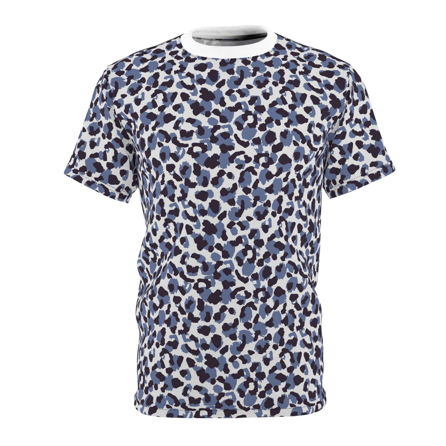 A short-sleeve crewneck t-shirt featuring an all-over abstract leopard print pattern in shades of blue, dark navy, and black on a white background. Unique Bold Blue Leopard Print T-Shirt for Casual Wear