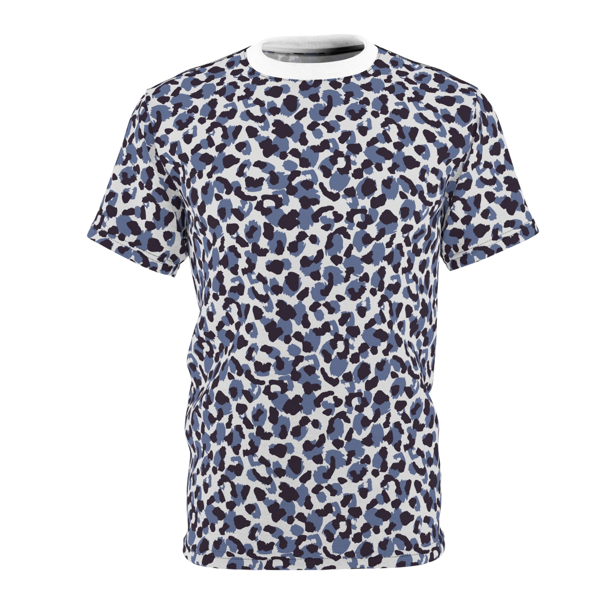 A short-sleeve crewneck t-shirt featuring an all-over abstract leopard print pattern in shades of blue, dark navy, and black on a white background. Unique Bold Blue Leopard Print T-Shirt for Casual Wear