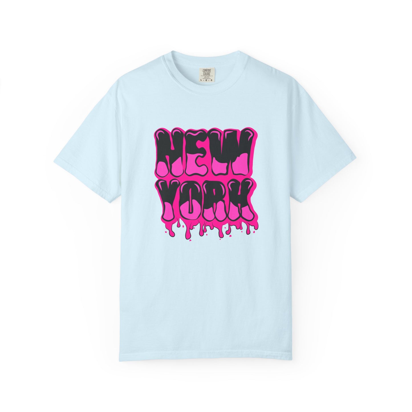 A light blue short-sleeve crewneck t-shirt featuring a prominent 'NEW YORK' graphic in dripping hot pink bubble letters with black outlines on the chest, displayed against a clean white background. Unique Bold Graffiti Lettering New York Typography T-Shirt for Casual Wear