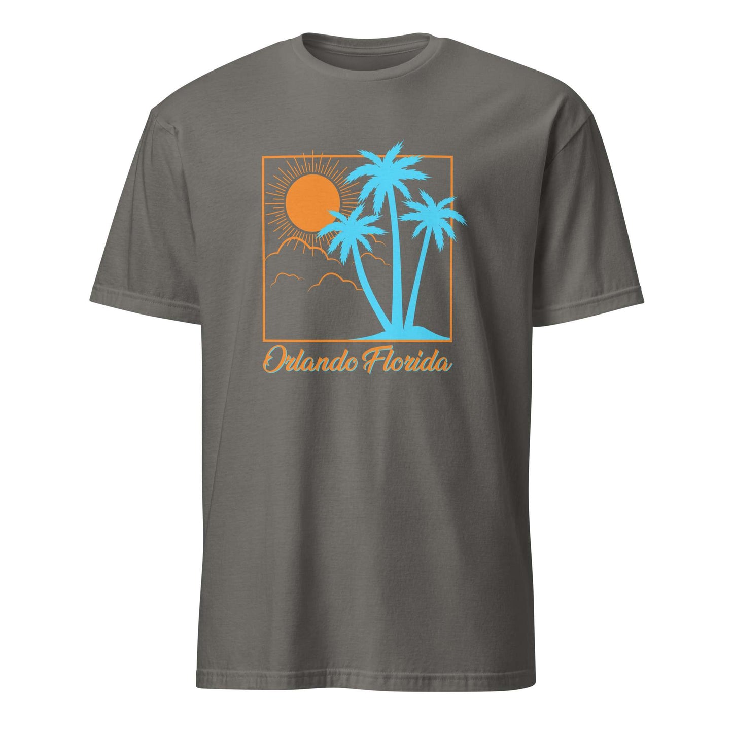 A dark gray crewneck t-shirt featuring a retro-style graphic of palm trees, a sun, and the text 'Orlando Florida' in orange and light blue. Unique Bold Orlando Florida Summer Sun Beach Graphic T-Shirt Casual Wear