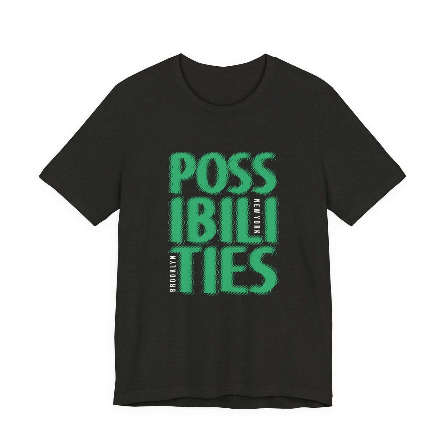 A black short-sleeve crewneck t-shirt featuring a bold graphic on the front that reads 'POSSIBILITIES' in green and white block letters, with 'NEW YORK' printed vertically in white. Unique Bold Possibilities New York City Brooklyn T-Shirt Casual Wear
