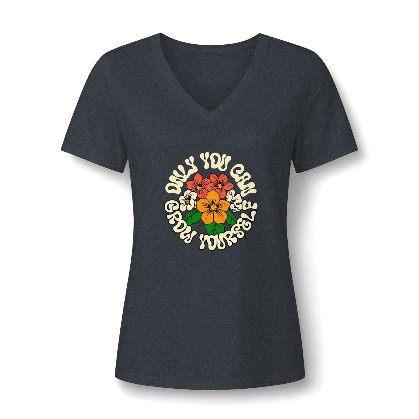 A women's short-sleeve V-neck t-shirt in dark heather gray, featuring a retro circular graphic on the chest with a yellow and orange flower, red flowers, and white text that reads 'ONLY YOU CAN GROW YOURSELF'.
