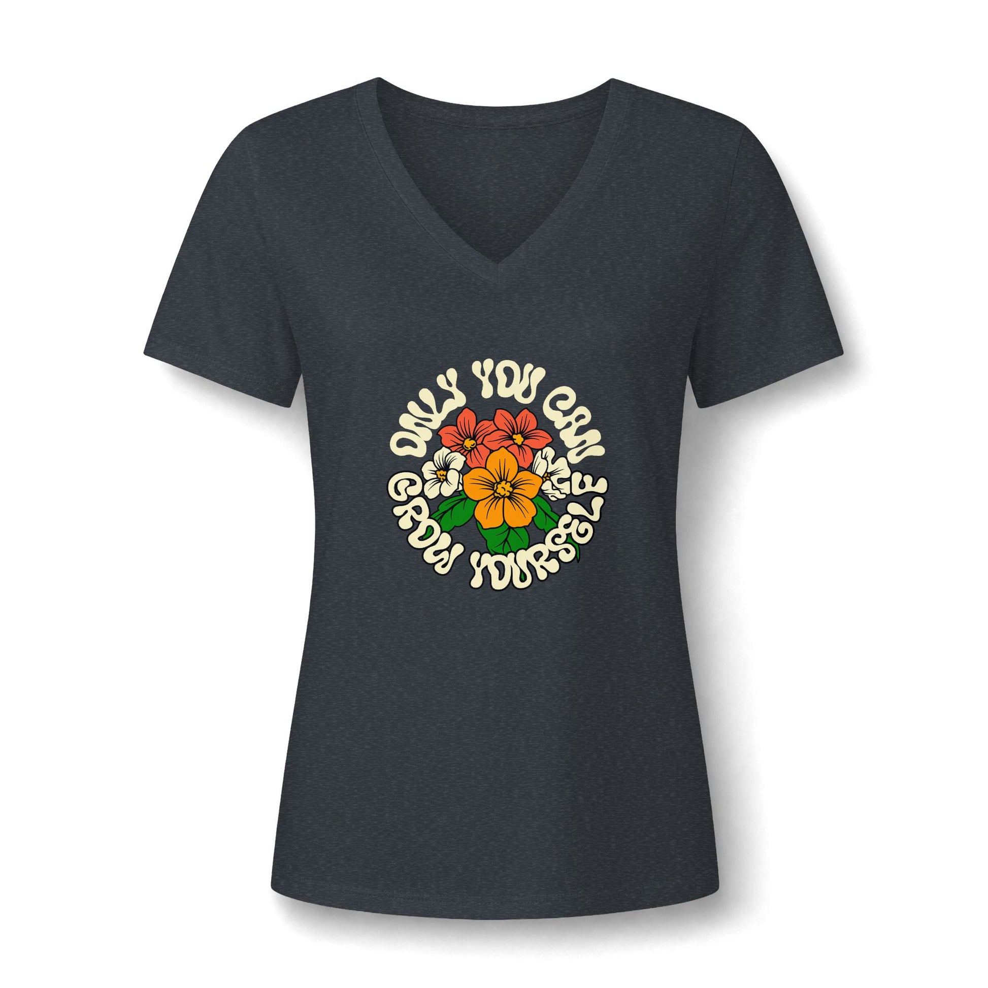 A women's short-sleeve V-neck t-shirt in dark heather gray, featuring a retro circular graphic on the chest with a yellow and orange flower, red flowers, and white text that reads 'ONLY YOU CAN GROW YOURSELF'.