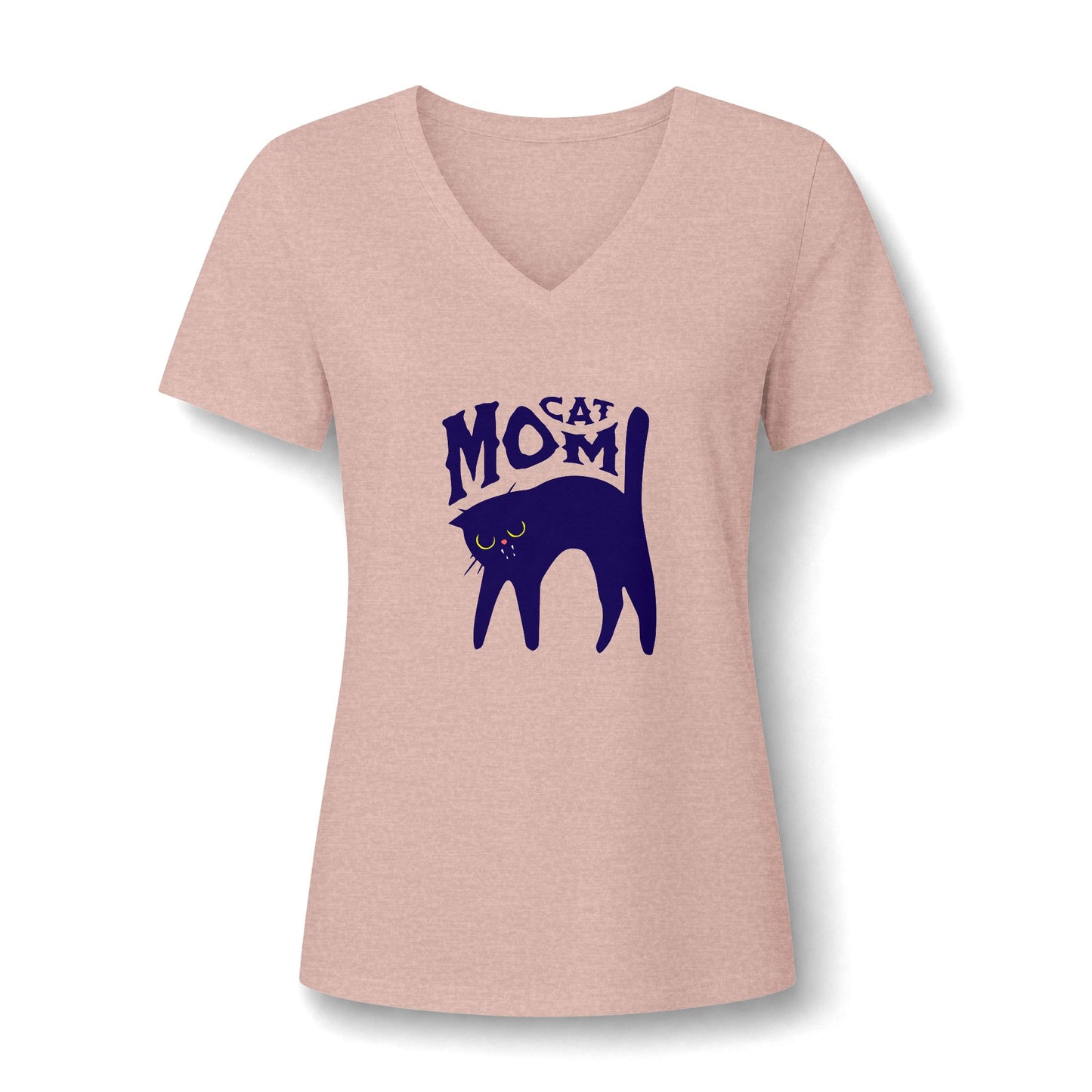 A women's short-sleeve V-neck t-shirt in heathered light pink, featuring a dark navy blue graphic of a cat silhouette with the text 'CAT MOM' printed on the chest.