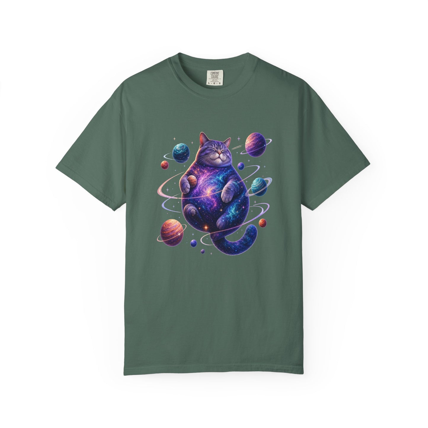 A dark gray crewneck t-shirt featuring a colorful graphic of a cosmic, galaxy-patterned cat surrounded by planets, displayed on a clean white background. Unique Celestial Feline: Space-Themed Cat T-Shirt for Casual Wear