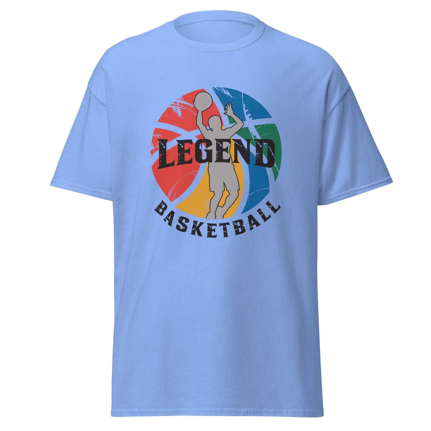 A light blue short-sleeve crewneck t-shirt featuring a retro-style graphic on the chest with a basketball player silhouette, a multi-colored basketball, and the text 'LEGEND BASKETBALL'. Unique Comfortable Legend Basketball Graphic T-Shirt Casual Outfits