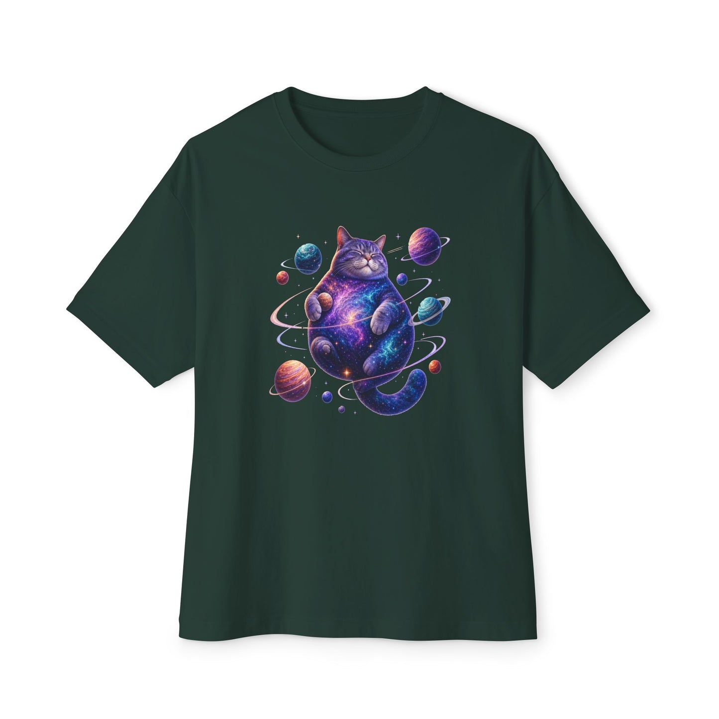 A dark forest green short-sleeve t-shirt with a colorful graphic of a cosmic, galaxy-patterned cat surrounded by planets, displayed on a clean white background. Unique Funny Cosmic Cat Unisex Oversized Boxy T-Shirt Casual Wear
