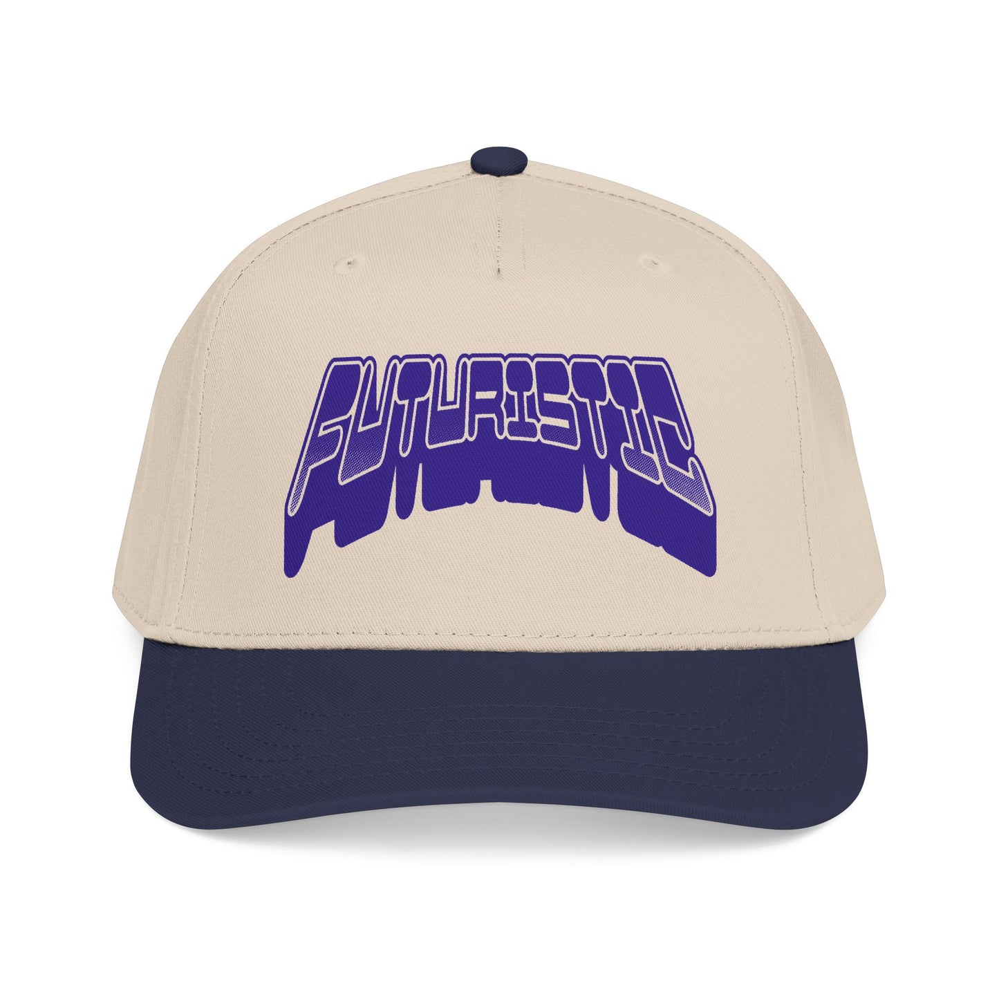 A structured baseball cap with a cream-colored crown and a dark navy blue visor, featuring a stylized purple and white 'FUTURISTIC' graphic on the front. Unique Futuristic Y2k Streetwear Typography Baseball Cap
