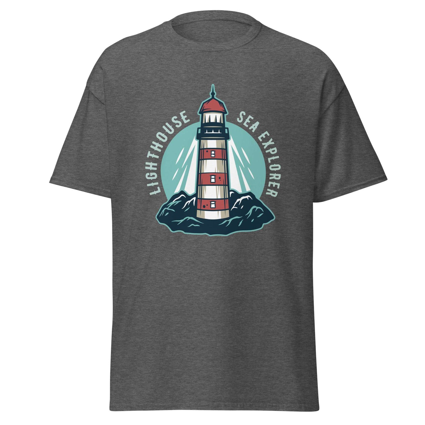 A dark heather gray short-sleeve t-shirt with a circular graphic on the chest featuring a red and white striped lighthouse on dark blue rocks, surrounded by a teal circle with the text 'LIGHTHOUSE SEA EXPLORER'. Unique Marine Lighthouse at Mountain Nautical Sea T-Shirt Casual Wear