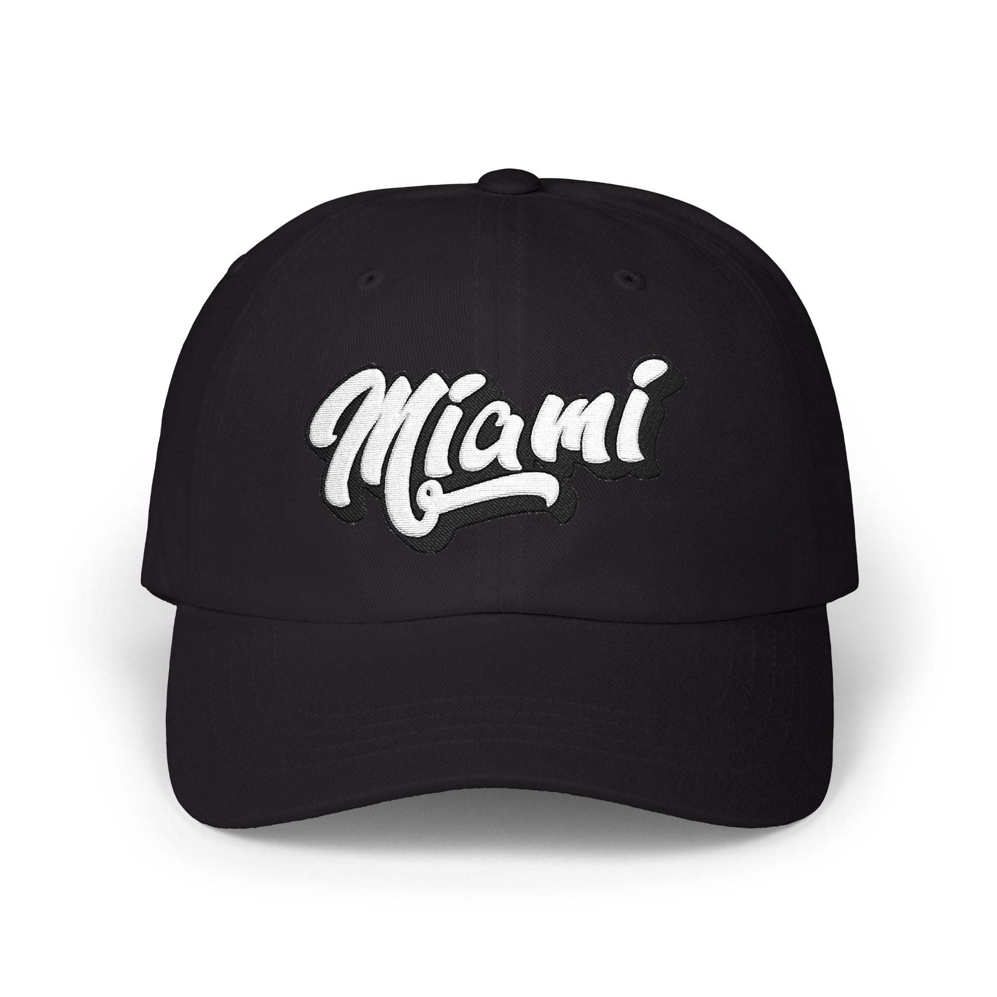 A black baseball cap featuring the word 'Miami' embroidered in white cursive script on the front, set against a plain white background. Unique Minimalist Miami Beach Typography Classic Dad Cap