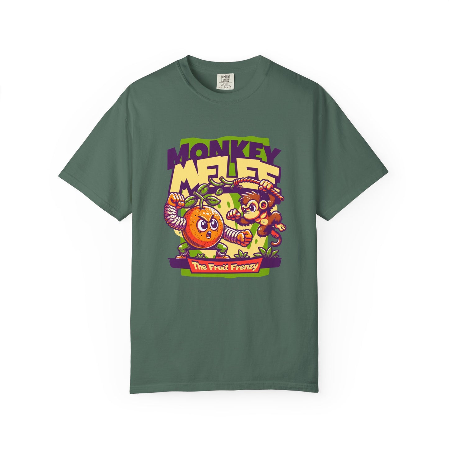 A dark green crewneck t-shirt featuring a colorful graphic print on the front with cartoon monkeys, a bright orange, and the text 'MONKEY MELOT' and 'The Fruit Fetish'. Unique Monkey Melee The Fruit Frenzy Graphic T-Shirt for Casual Wear