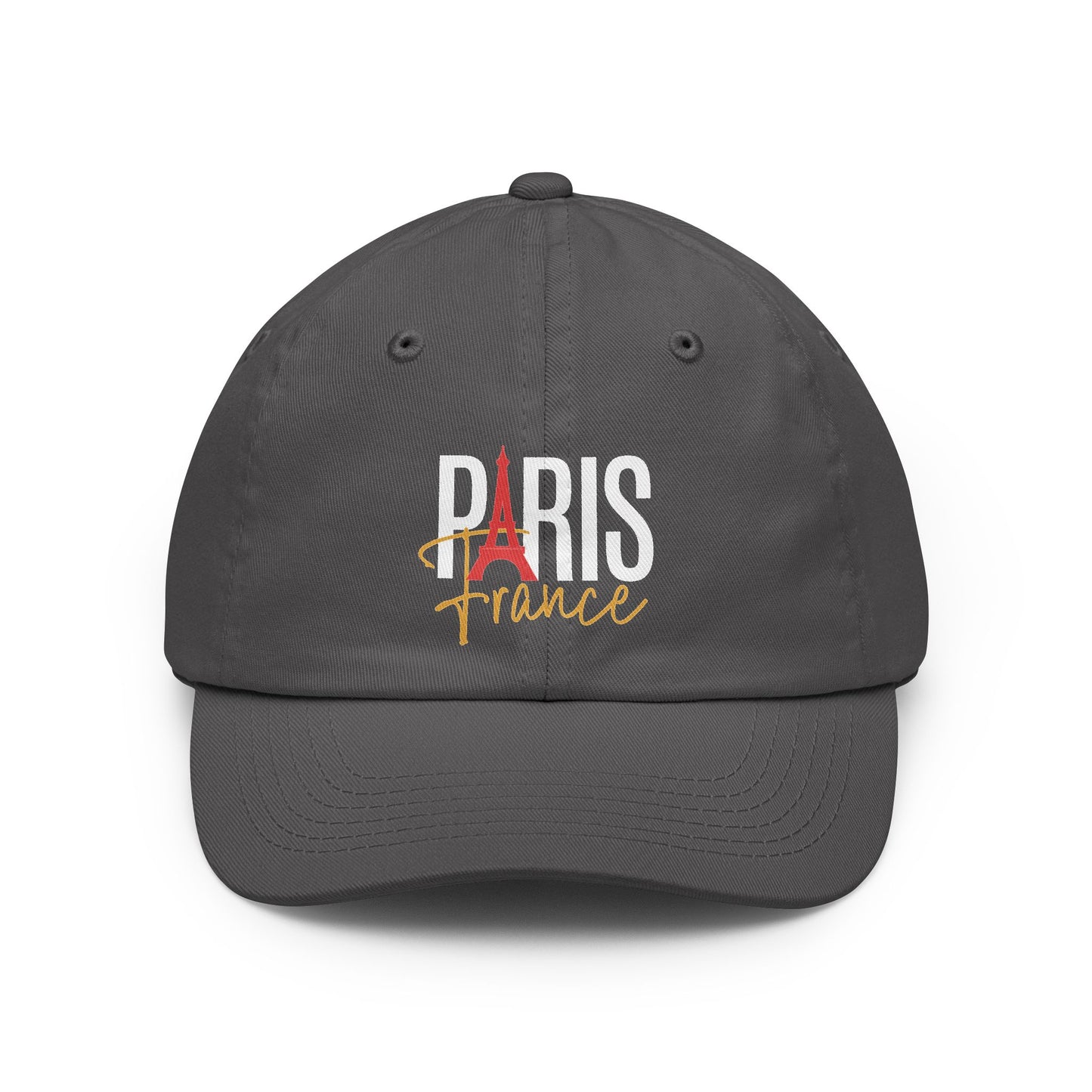 A dark gray baseball cap featuring a 'PARIS France' graphic on the front. The graphic includes a red Eiffel Tower silhouette, the word 'PARIS' in white block letters, and 'France' in a gold cursive script. Unique Paris France Typography Dad Hat for Casual Wear