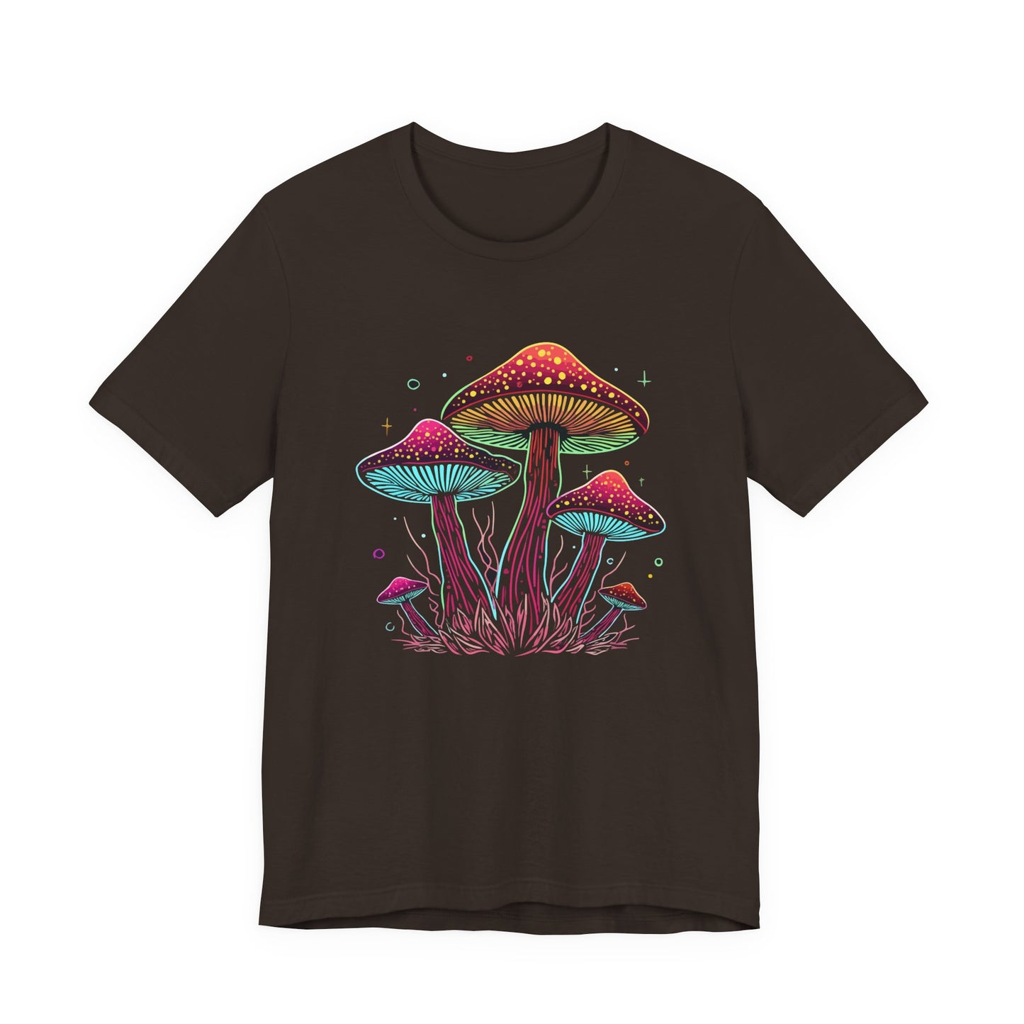 A dark brown short-sleeve crewneck t-shirt featuring a colorful graphic of glowing mushrooms in pink, purple, and green on the front, displayed against a solid white background. Unique Psychedelic Mushroom Neon Fantasy Fungi T-Shirt Casual Wear