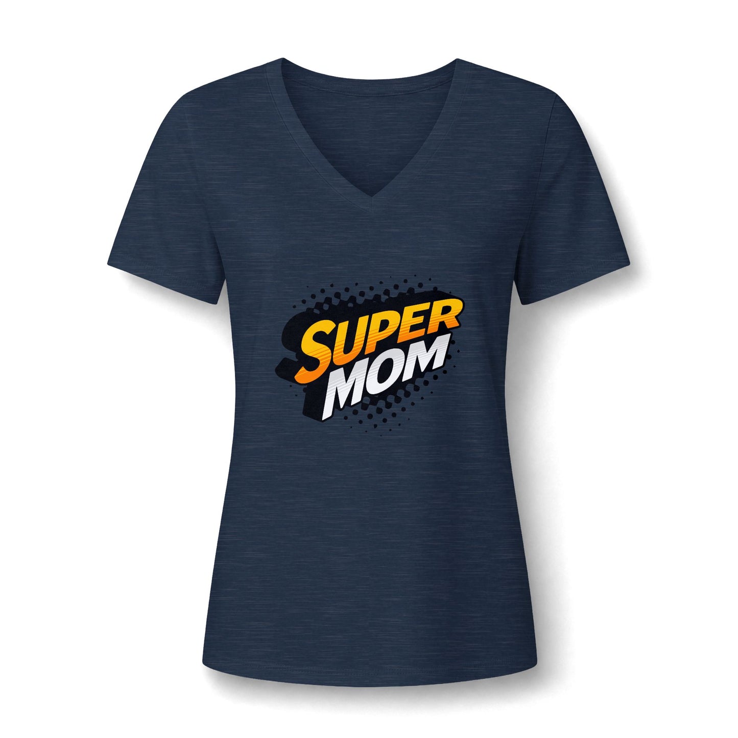 A navy blue heathered short-sleeve V-neck t-shirt with a 'SUPER MOM' graphic printed on the chest, displayed on a clean white background.