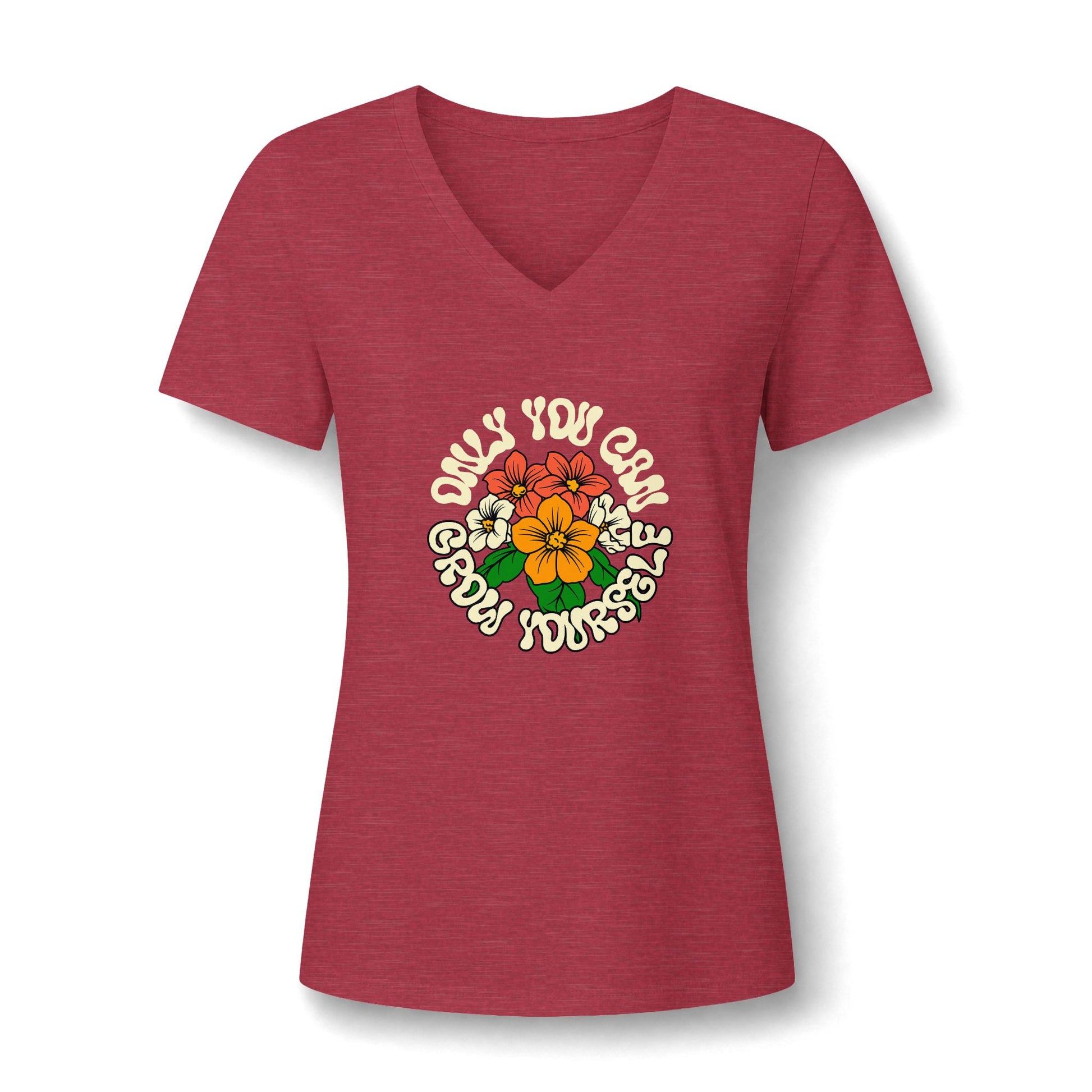 A women's heathered red V-neck t-shirt featuring a retro-style graphic on the chest with the text 'ONLY YOU CAN GROW YOURSELF' surrounding a colorful flower illustration.