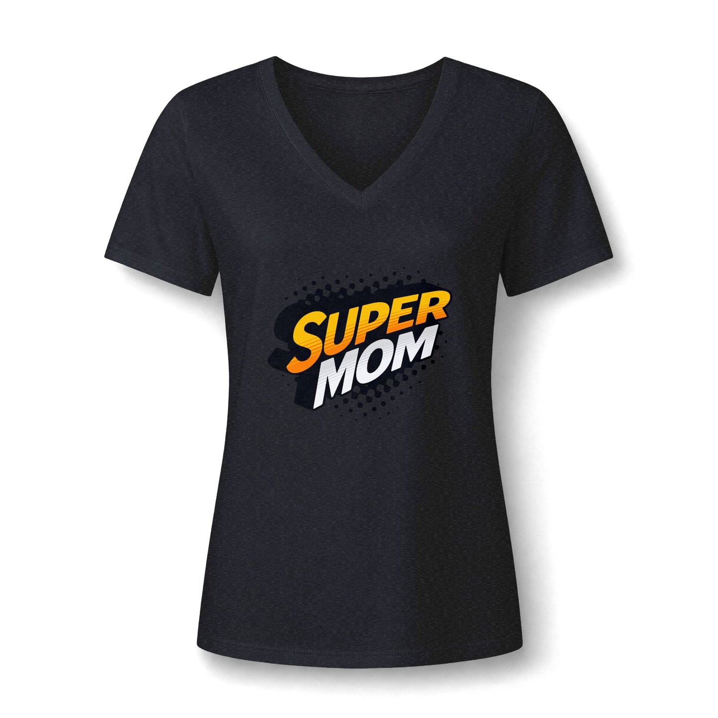 A women's short-sleeve V-neck t-shirt in dark navy blue, featuring a 'SUPER MOM' graphic on the chest with yellow, orange, and white lettering over a comic-style halftone dot background.