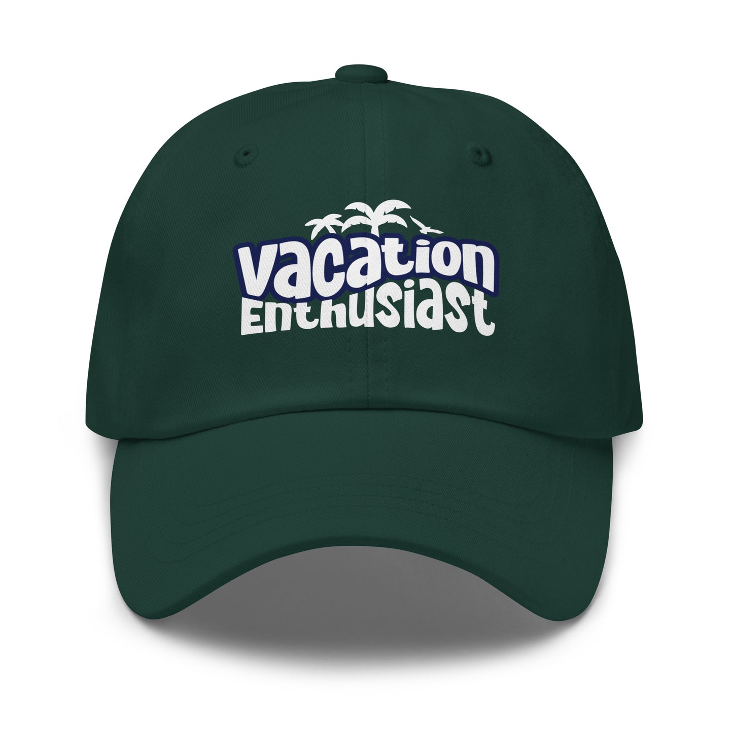 A dark green baseball cap with a curved brim, featuring a white and purple graphic on the front that reads 'vacation Enthusiast' with small palm tree illustrations above it. Unique Vacation Enthusiast Bold Graphic Classic Dad Cap