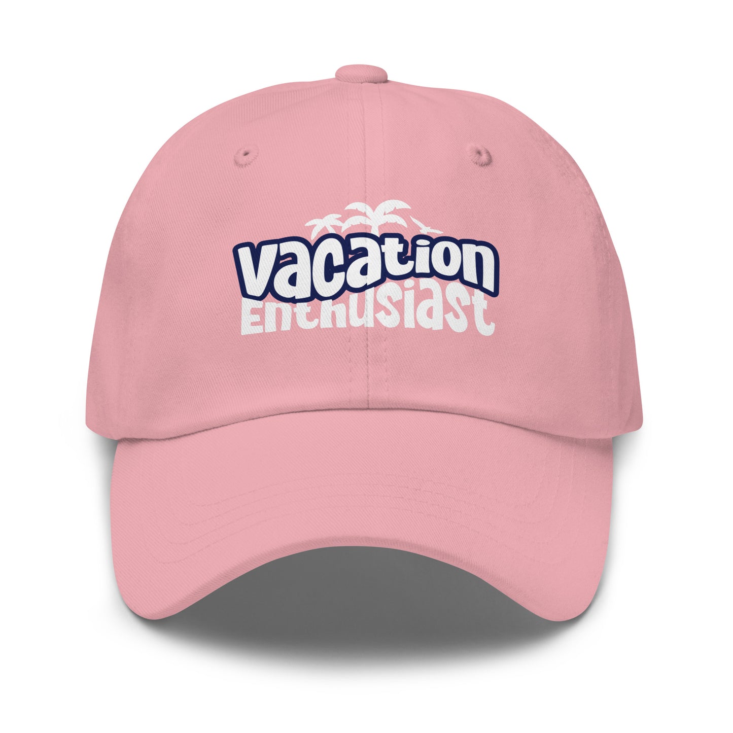 A pink baseball cap with 'vacation Enthusiast' printed on the front in white and navy blue, featuring a small white palm tree graphic above the text, set against a plain white background. Unique Vacation Enthusiast Bold Graphic Classic Dad Cap for Casual Wear
