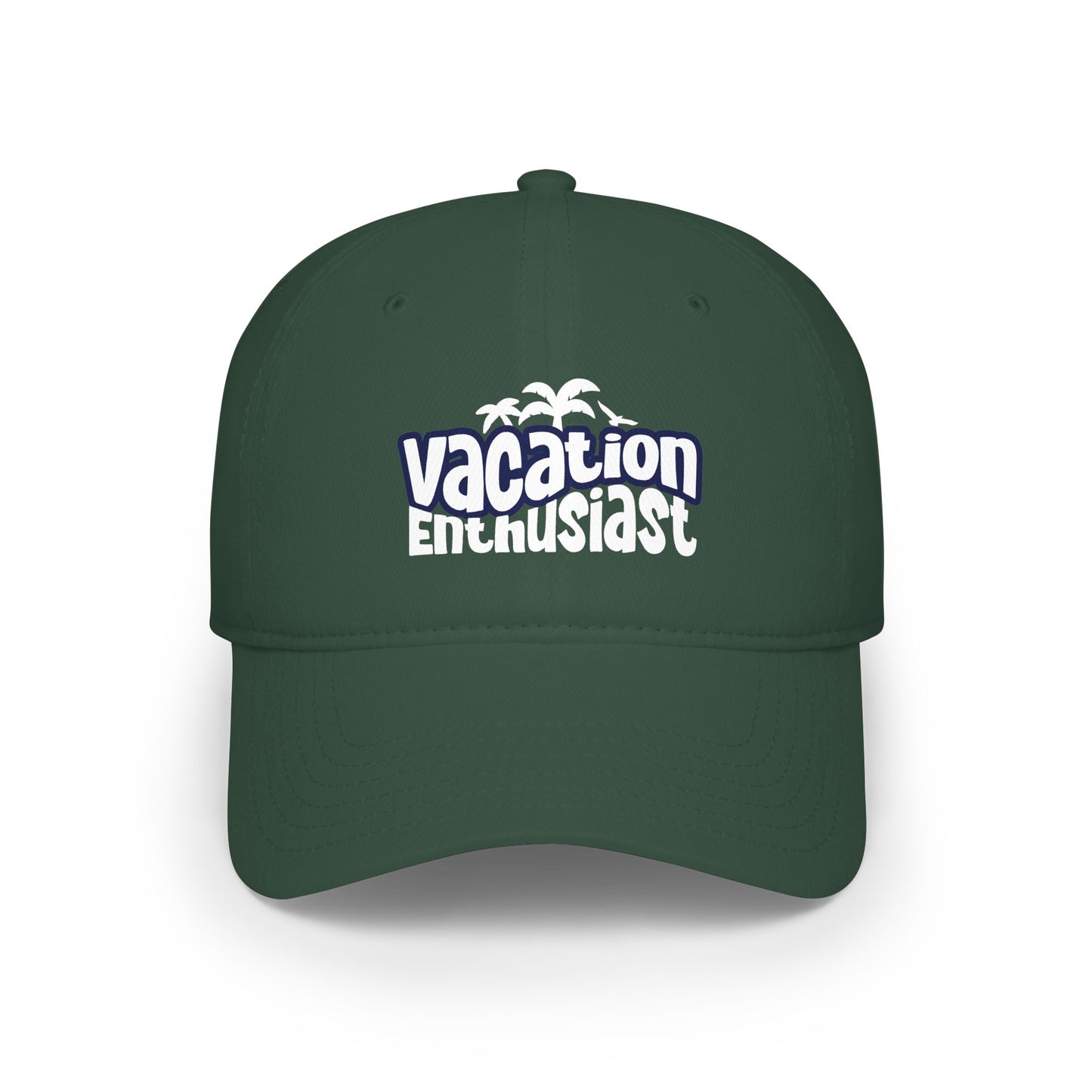 A dark green baseball cap with a white and purple graphic on the front that reads 'Vacation Enthusiast' with small palm tree silhouettes, shown on a plain white background. Unique Vacation Enthusiast Bold Typography Baseball Cap for Casual Wear