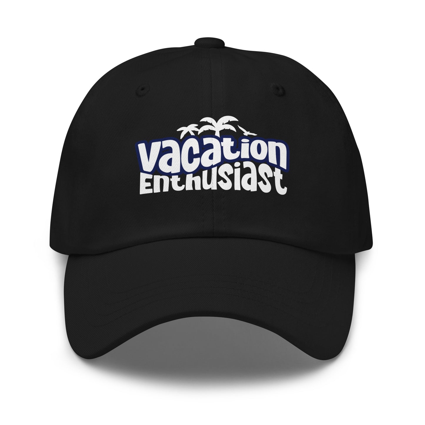 A black baseball cap with a curved brim, featuring a white and blue graphic on the front that reads 'vacation Enthusiast' with small palm tree silhouettes above the text, shown on a white background. Vacation Enthusiast Bold Graphic Classic Dad Cap