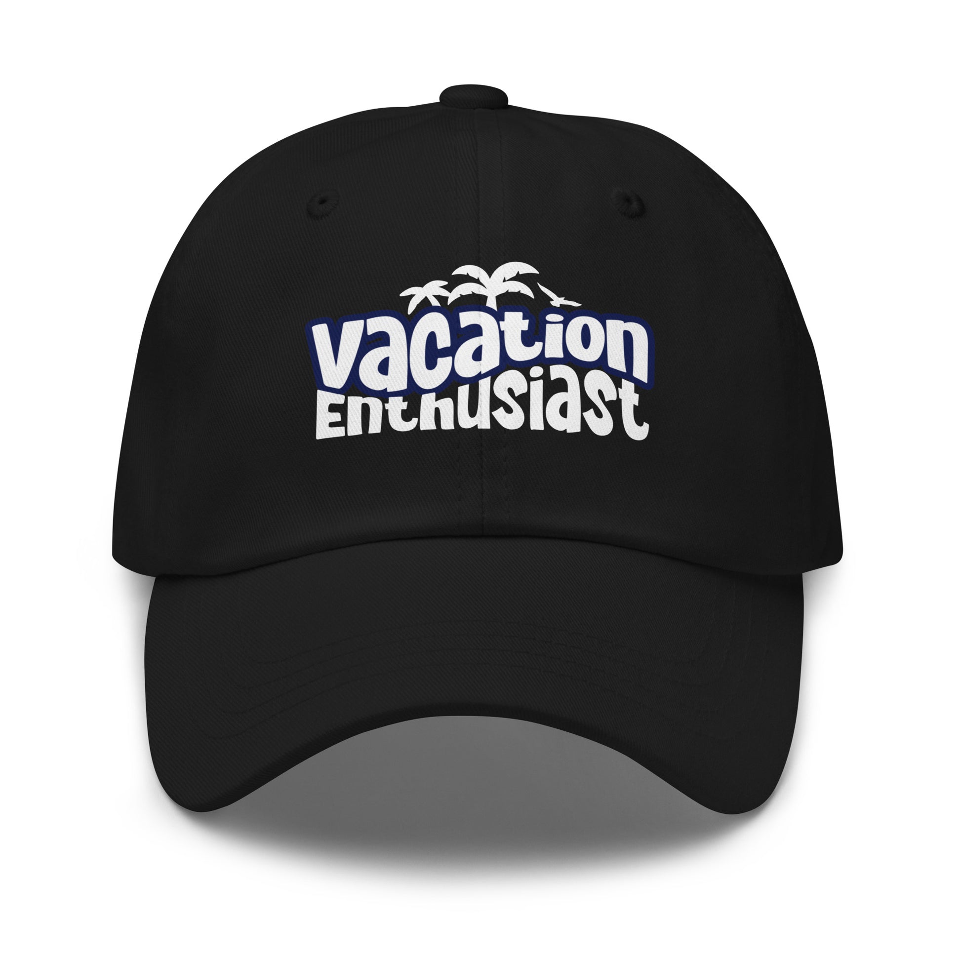 A black baseball cap with a curved brim, featuring a white and blue graphic on the front that reads 'vacation Enthusiast' with small palm tree silhouettes above the text, shown on a white background. Vacation Enthusiast Bold Graphic Classic Dad Cap