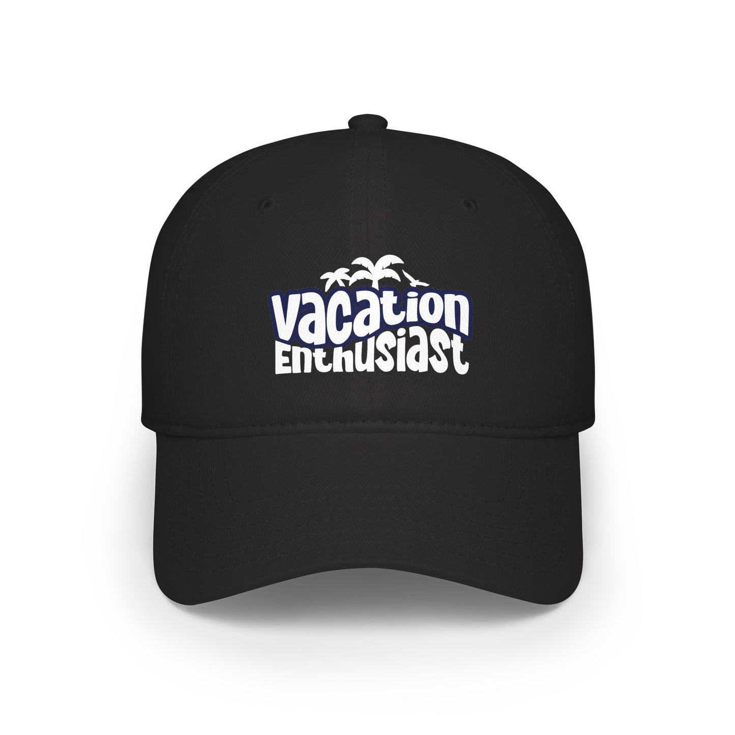 A black baseball cap with a white graphic on the front that reads 'Vacation Enthusiast' with small palm tree silhouettes above the text, shown on a plain white background. Vacation Enthusiast Bold Typography Baseball Cap