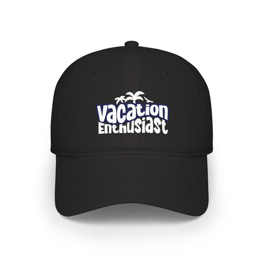 A black baseball cap with a white graphic on the front that reads 'Vacation Enthusiast' with small palm tree silhouettes above the text, shown on a plain white background. Vacation Enthusiast Bold Typography Baseball Cap
