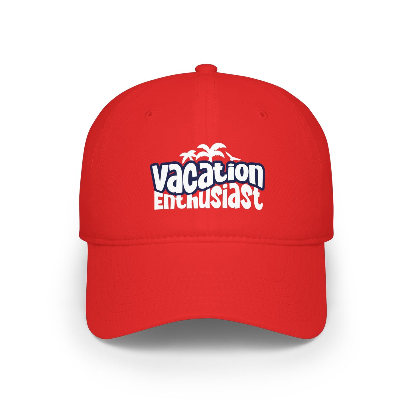 A bright red baseball cap featuring a front graphic that reads 'vacation enthusiast' in white and blue, with small white palm tree silhouettes above, shown on a clean white background.