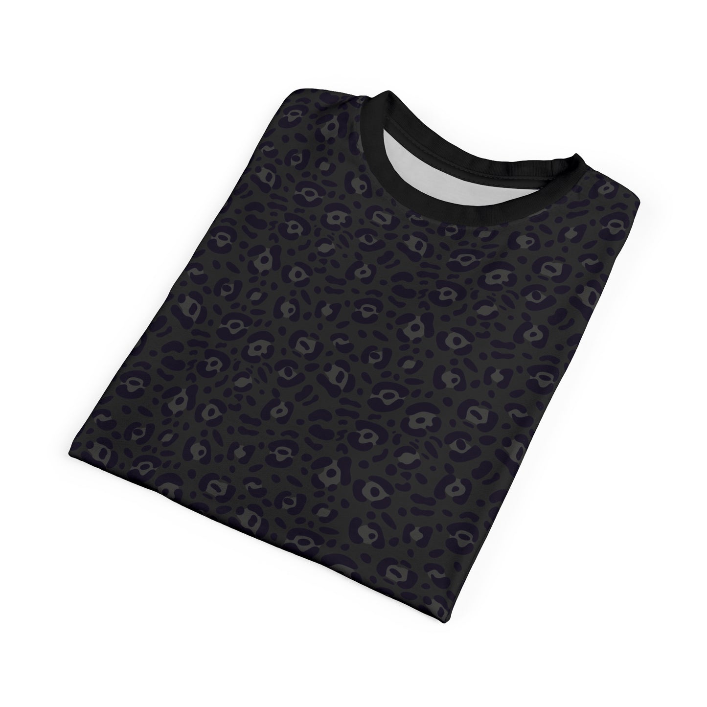 Folded gray t-shirt with a brand logo on a white background Versatile Bold Black Leopard Print T-Shirt for Casual Wear