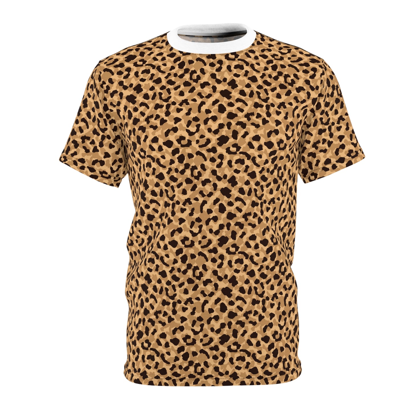 A short-sleeve crewneck t-shirt featuring an all-over leopard print pattern in tan and brown with black spots, shown on a plain white background. 
