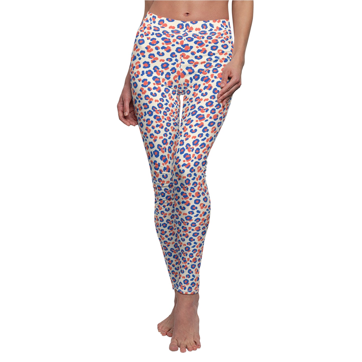 A model is wearing high-waisted leggings with a blue and orange leopard print pattern on a white background, shown from the waist down against a plain white studio backdrop. Versatile Colorful Pastel Leopard Print Leggings Casual Wear
