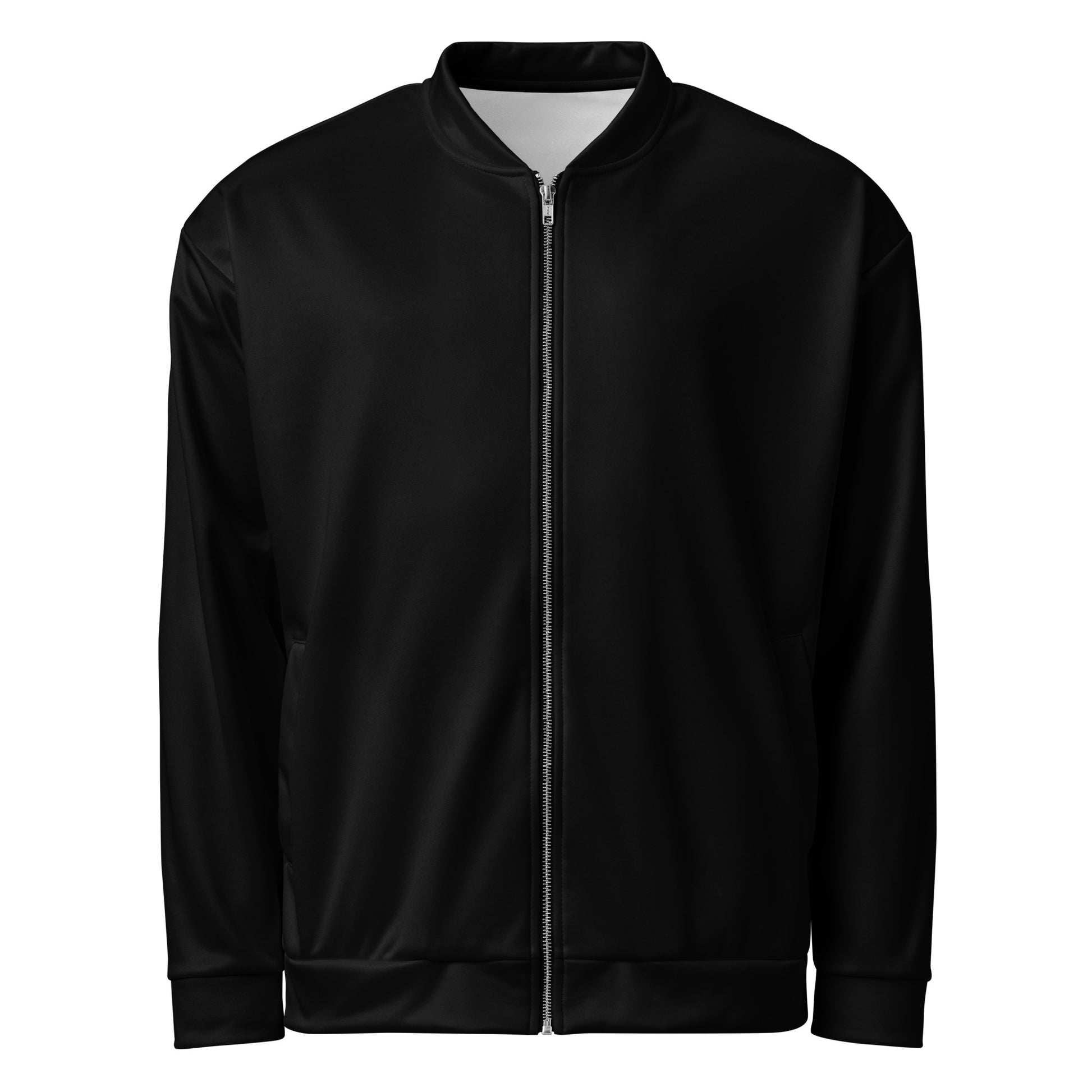 Black jacket on a white background Versatile Essential Minimalist Solid Black Unisex Bomber Jacket