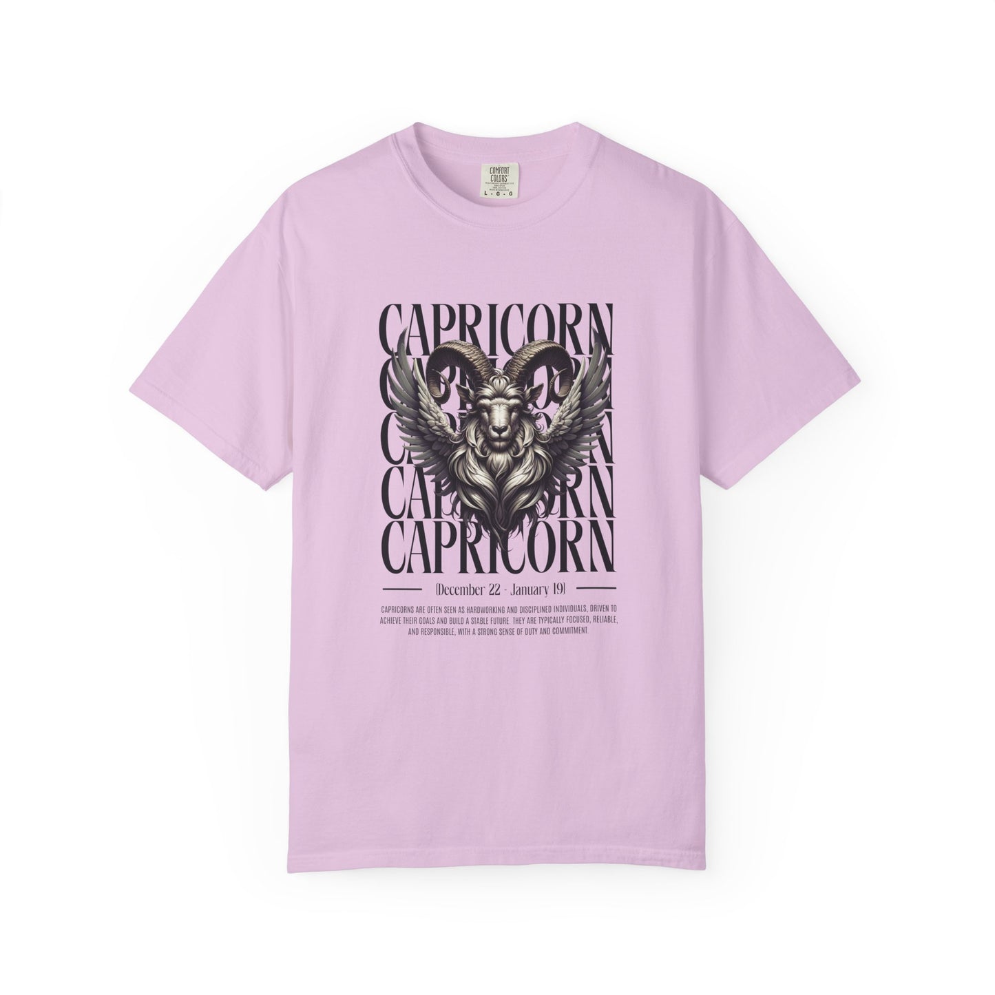 A light purple short-sleeve crewneck t-shirt featuring a black graphic print of a Bicorn Capricorn zodiac symbol with the word 'CAPRICORN' repeated vertically, displayed on a clean white background.