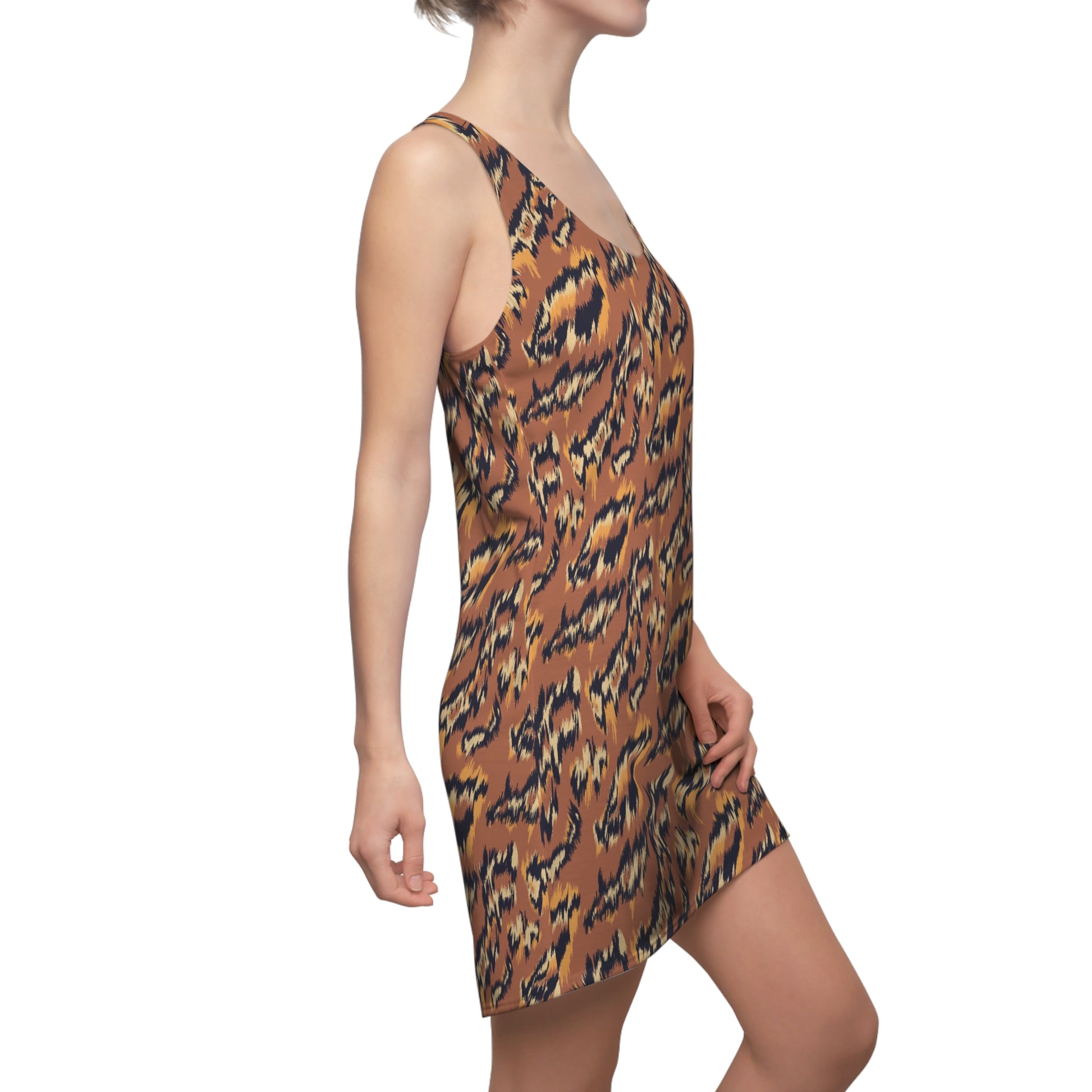 A woman modeling a sleeveless V-neck mini dress with an abstract brown, black, and orange pattern, shown from a side profile against a plain white background. Vibrant Lightweight Women's Summer Dress Bold Tiger Print