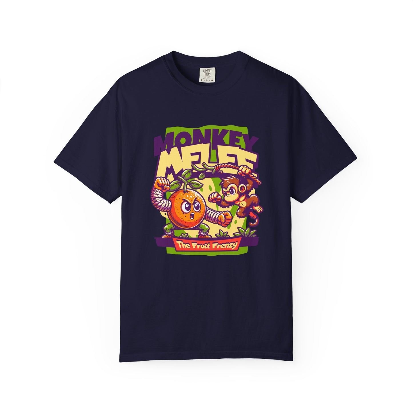 A navy blue short-sleeve t-shirt with a colorful graphic print on the front featuring cartoon monkeys, a jack-o'-lantern, and the text 'MONKEY MELEE The Fruit Fantasy'. Vibrant Monkey Chaos on a Graphic Tee
