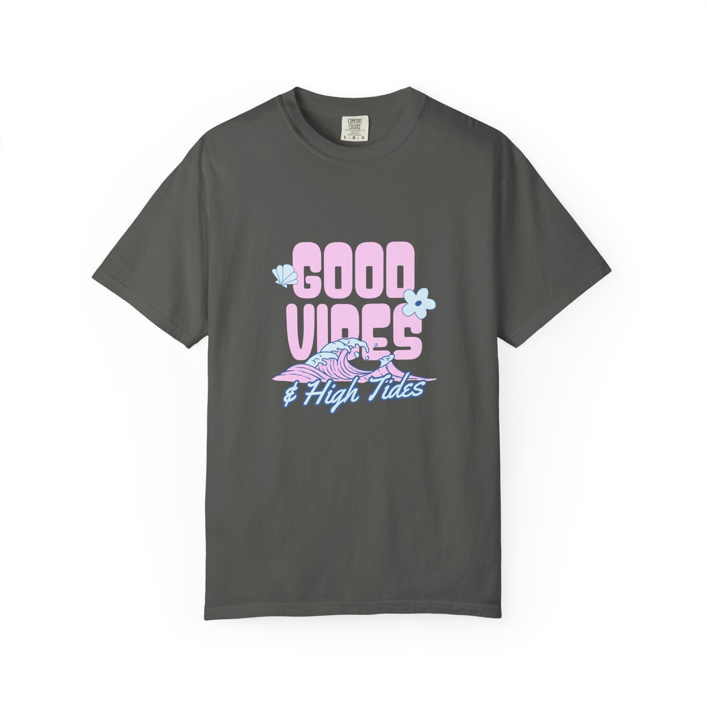 A dark gray crewneck t-shirt featuring a retro-style graphic on the chest that reads 'GOOD VIBES & High Tides' in pink and blue, accompanied by a pink and blue wave and small light blue flowers.