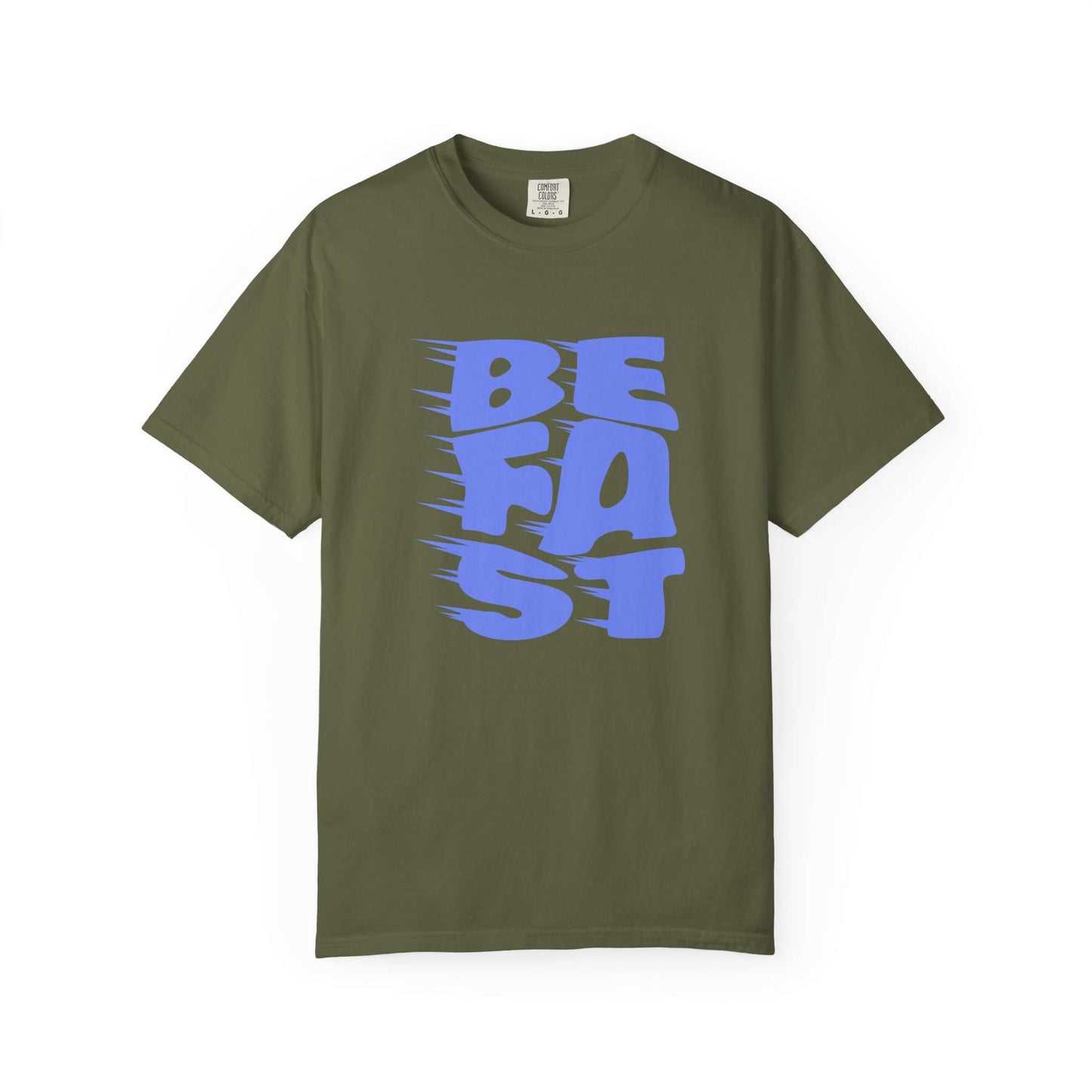 An olive green short-sleeve t-shirt with a bold blue graphic on the front reading 'BE FAST' in a stylized, speed-line font, displayed against a plain white background. Vintage Bold Be Fast Typography Lettering Graphic T-Shirt Casual Wear