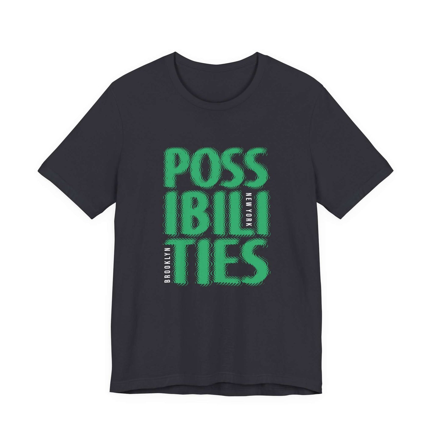 A black short-sleeve crewneck t-shirt featuring a bold green graphic print on the front that reads 'POSSIBILITIES' with 'NEW YORK' printed vertically in white. Vintage Bold Possibilities New York City Brooklyn T-Shirt Casual Wear
