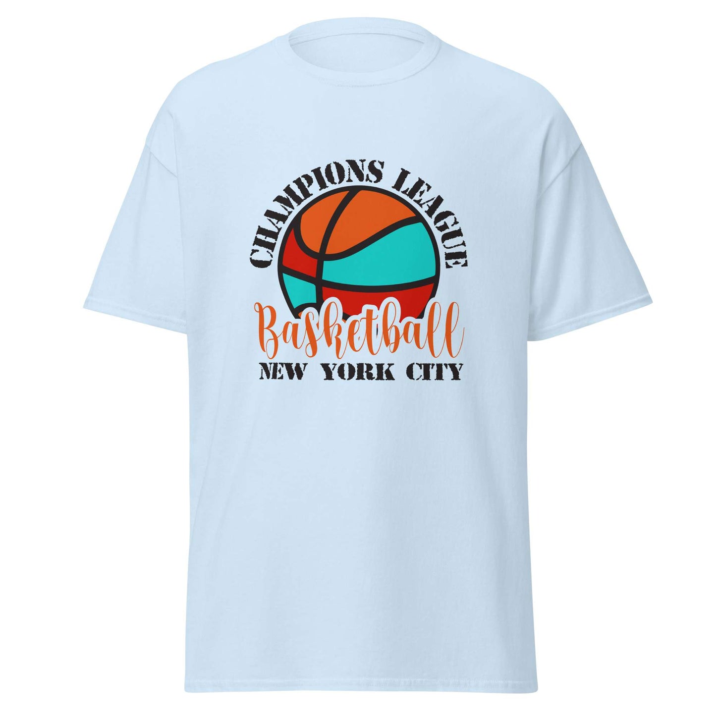A light blue short-sleeve t-shirt with a graphic on the front featuring a basketball and the text 'CHAMPIONS LEAGUE Basketball NEW YORK CITY'. Vintage Comfortable Champions League Basketball New York City T-Shirt for Casual Wear