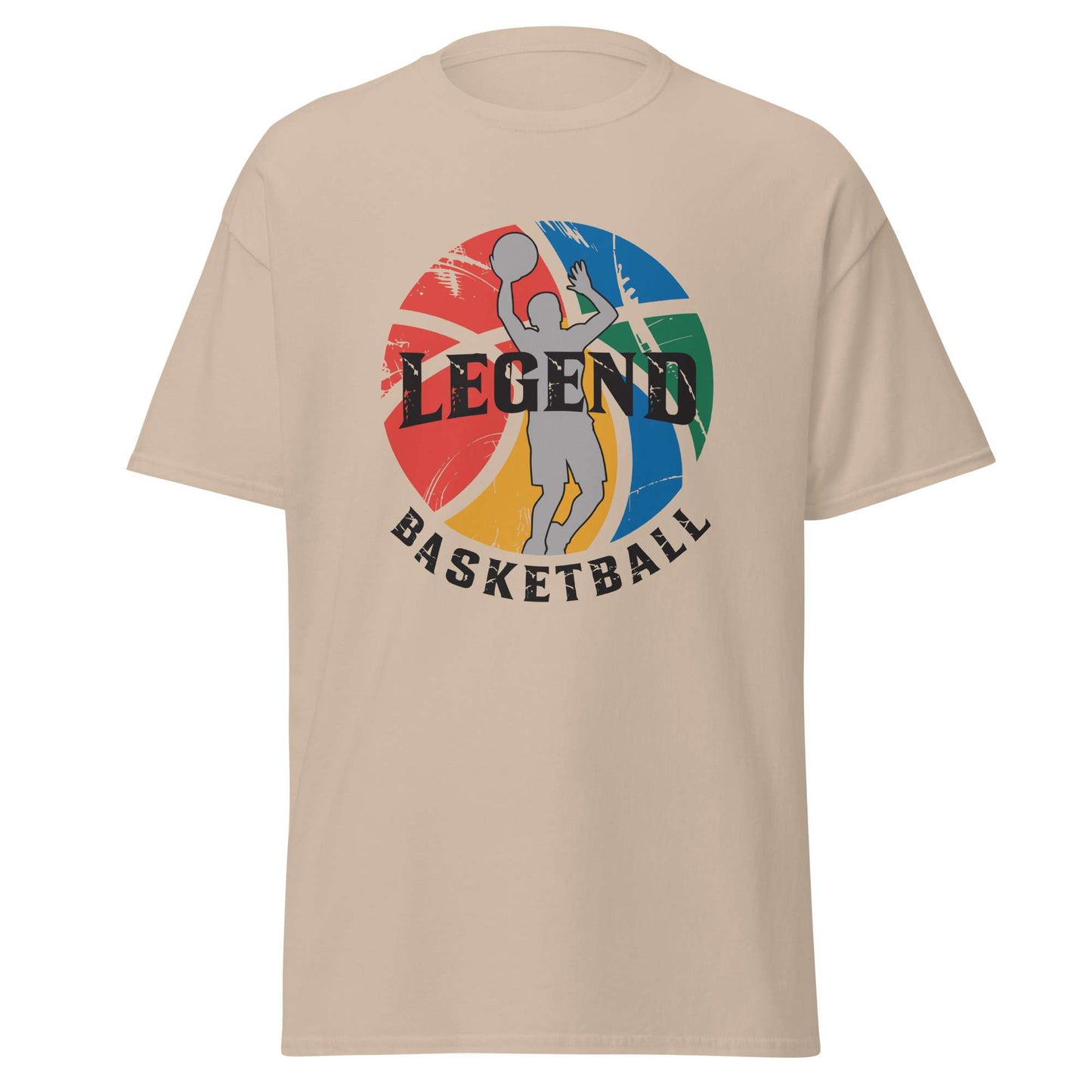 A beige short-sleeve crewneck t-shirt featuring a colorful graphic on the chest with a basketball player silhouette, a distressed multicolor basketball, and the words 'LEGEND BASKETBALL'. Vintage Comfortable Legend Basketball Graphic T-Shirt Casual Outfits