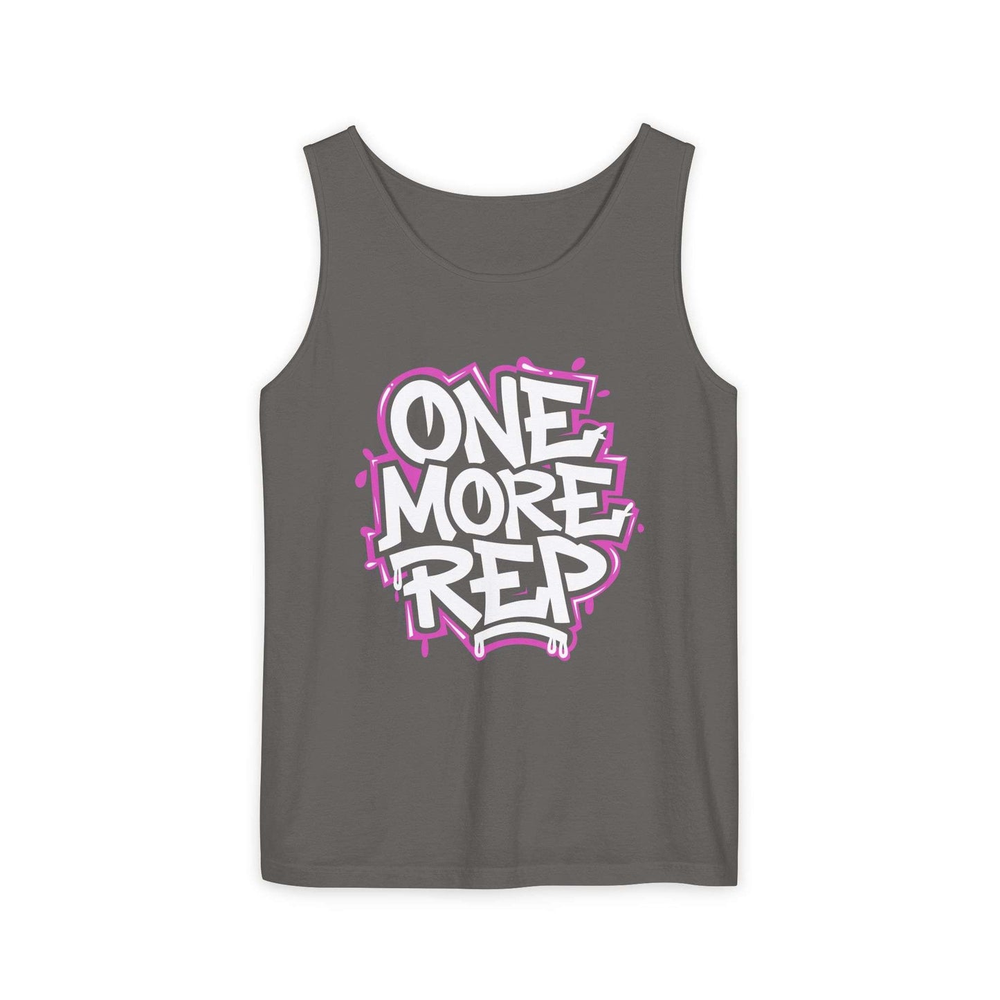 A dark gray sleeveless tank top with a colorful graphic on the chest that reads 'ONE MORE REP' in white bubble letters with a pink graffiti-style outline, shown against a plain white background. Vintage Fitness Motivational Graffiti Typography Tank Top Casual Wear