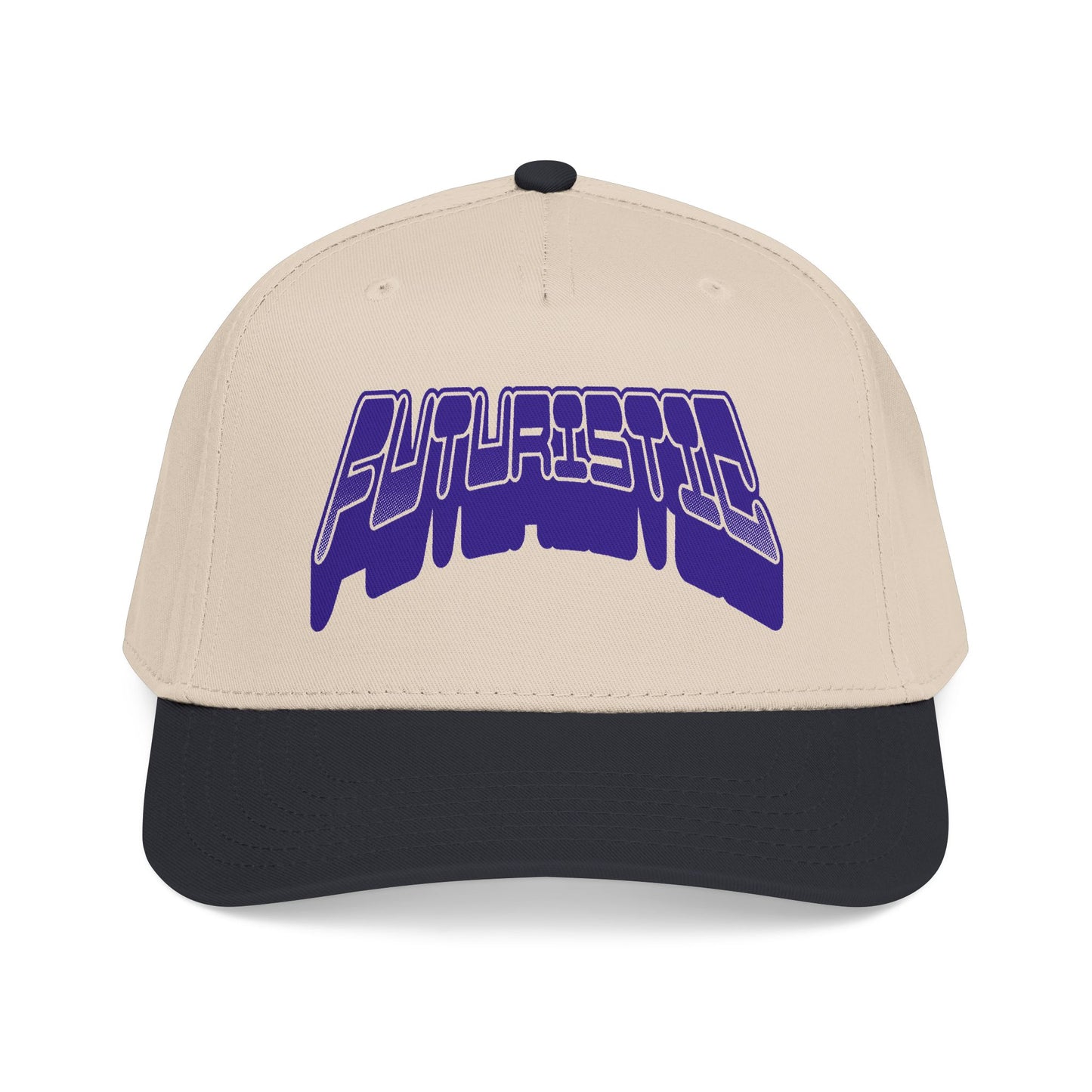 A structured baseball cap with a cream-colored crown and a dark navy blue visor, featuring a stylized purple and white 'FUTURISTIC' graphic on the front. Vintage Futuristic Y2k Streetwear Typography Baseball Cap