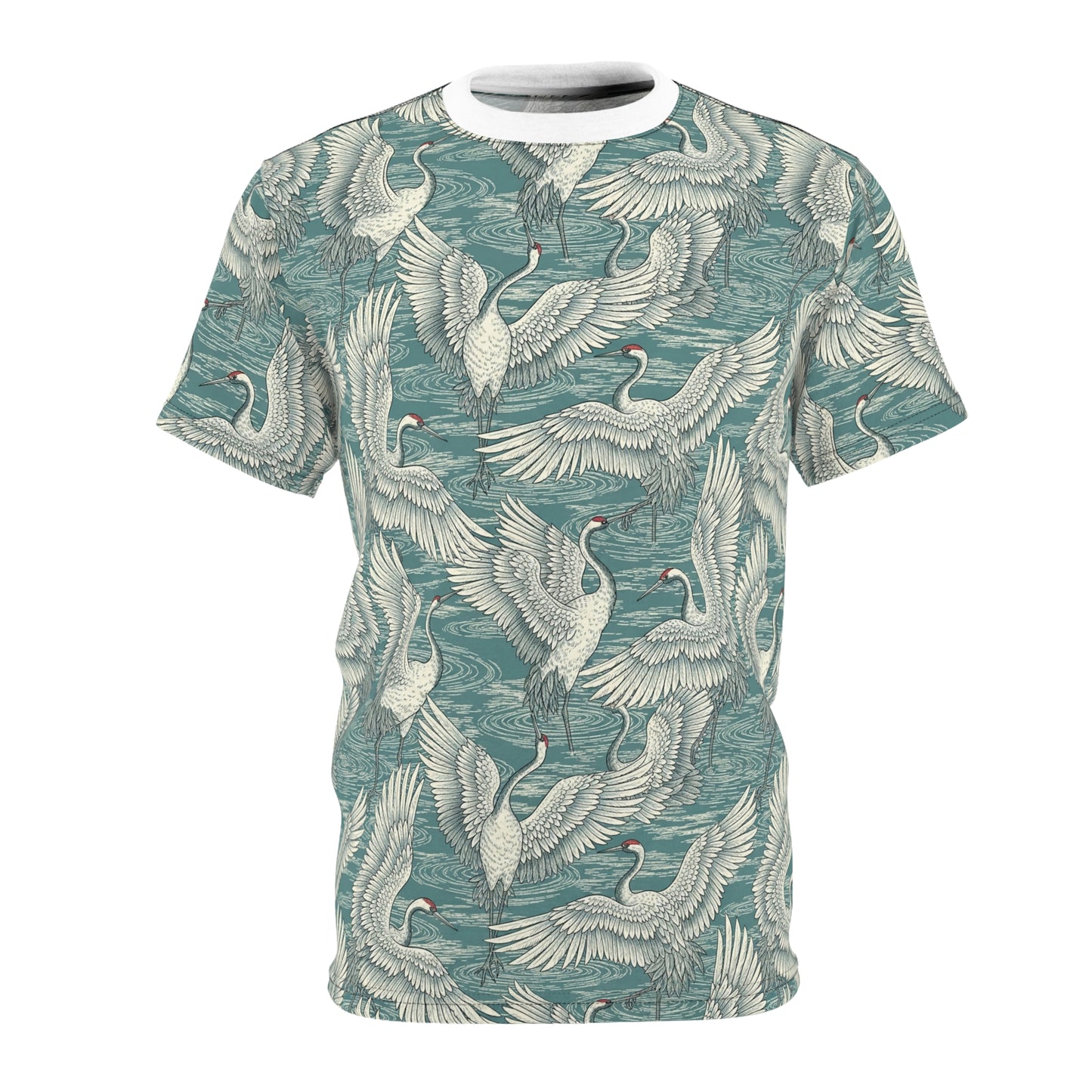 A short-sleeve crewneck t-shirt featuring an all-over print of white cranes on a textured teal background, shown against a plain white studio backdrop. Vintage Japanese Crane Pattern T-Shirt Casual Wear