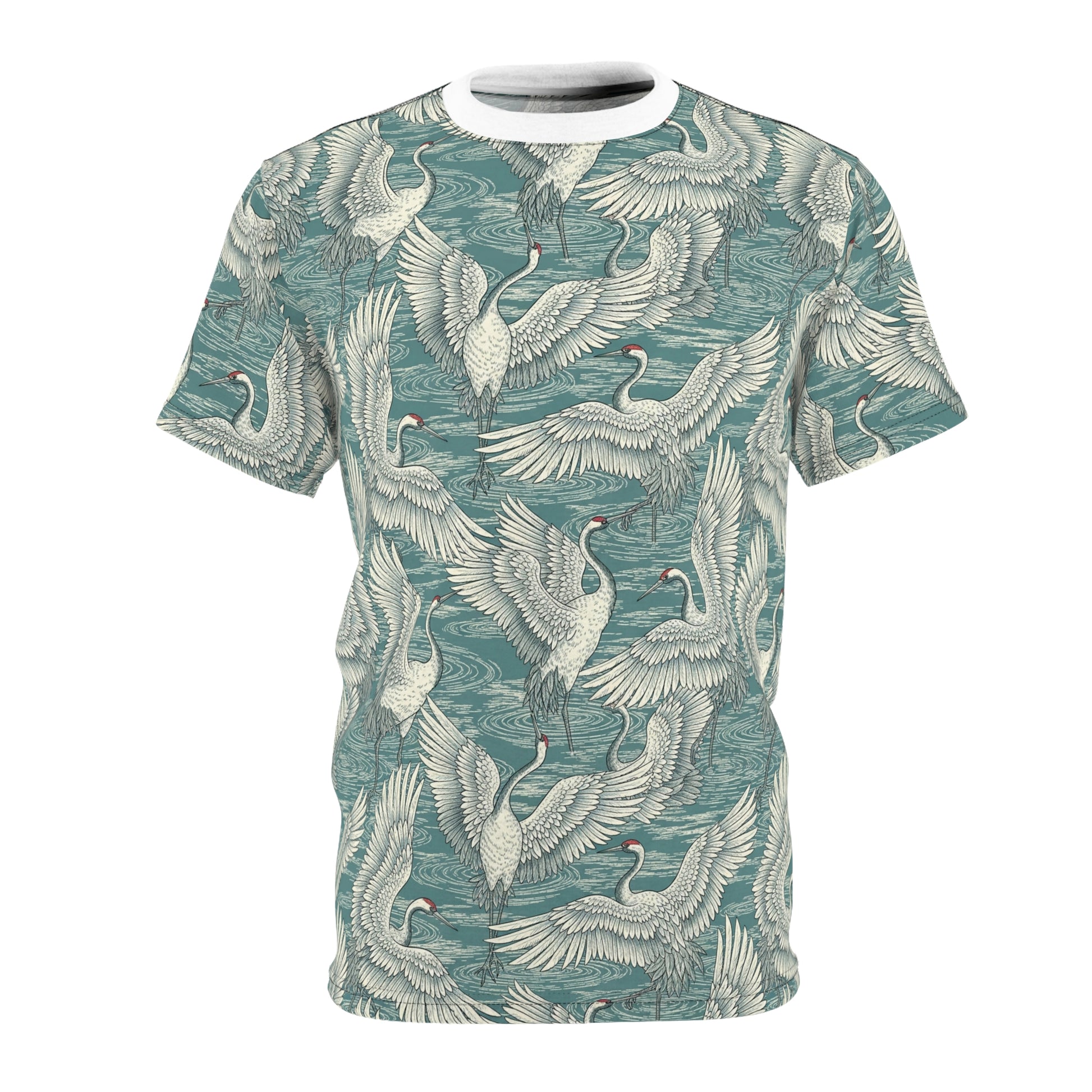 A short-sleeve crewneck t-shirt featuring an all-over print of white cranes on a textured teal background, shown against a plain white studio backdrop. Vintage Japanese Crane Pattern T-Shirt Casual Wear