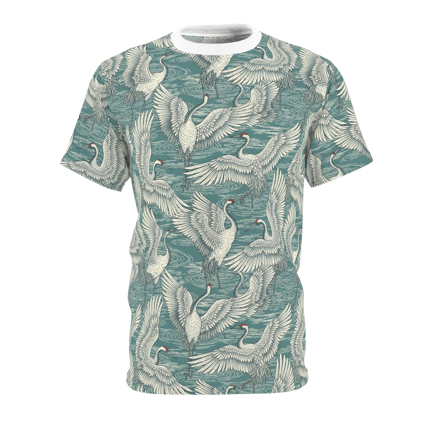 A short-sleeve crewneck t-shirt featuring an all-over print of white cranes on a textured teal watercolor background, shown against a plain white studio backdrop. Vintage Japanese Crane Pattern T-Shirt for Casual Wear
