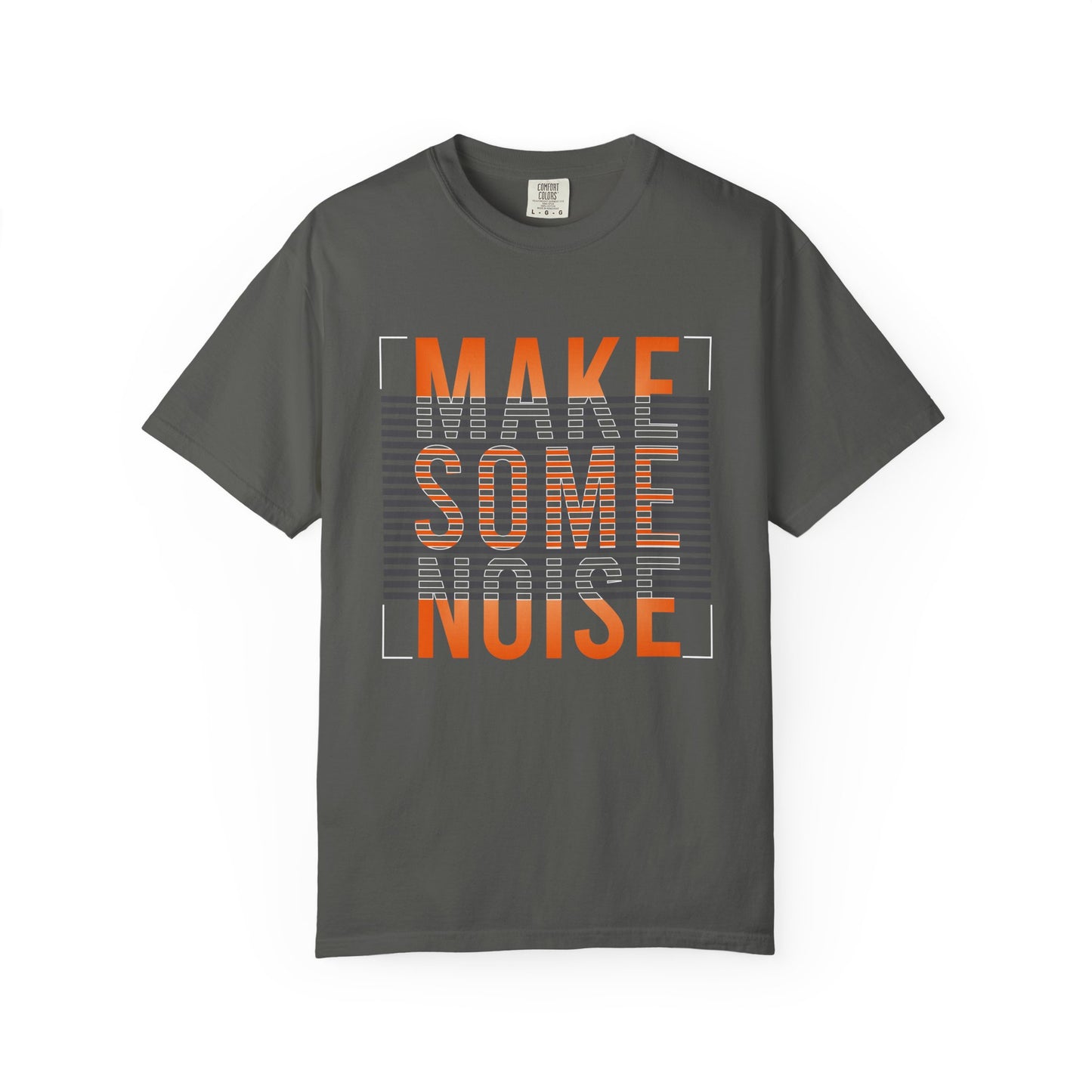 A dark gray crewneck t-shirt with a graphic print on the front reading 'MAKE SOME NOISE' in orange and white block letters over a gray striped background. Vintage Make Some Noise Slogan Typography Graphic T-Shirt for Casual Wear