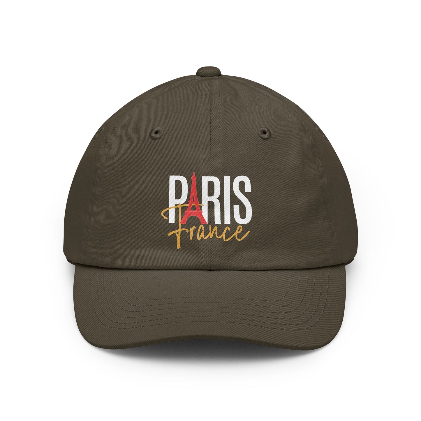 An olive brown baseball cap featuring a 'PARIS France' graphic on the front with a red Eiffel Tower and white and gold lettering, set against a plain white background. Vintage Paris France Typography Dad Hat for Casual Wear