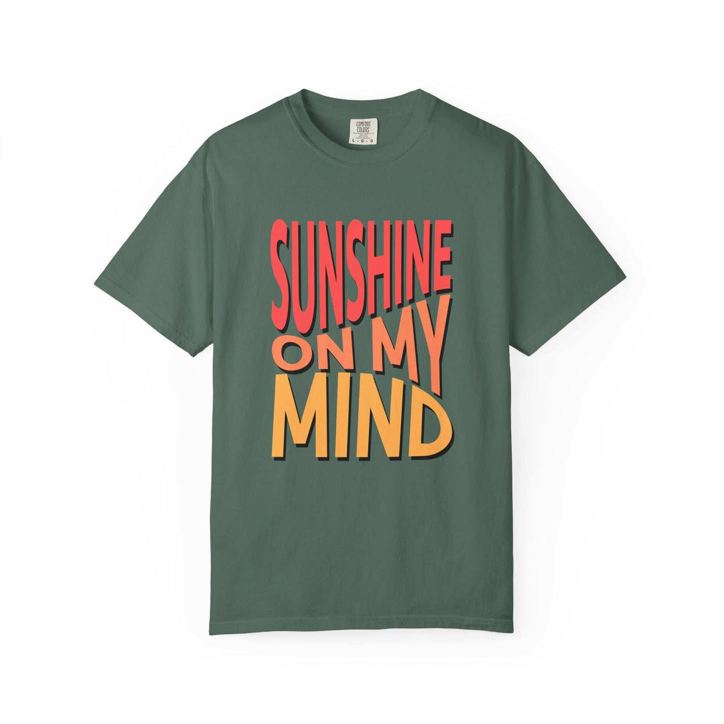 A dark green short-sleeve t-shirt with a retro-style graphic text print reading 'SUNSHINE ON MY MIND' in coral pink and orange-yellow lettering, displayed on a clean white background. Vintage Sunshine On My Mind Summer Vibes Graphic T-Shirt Casual Wear