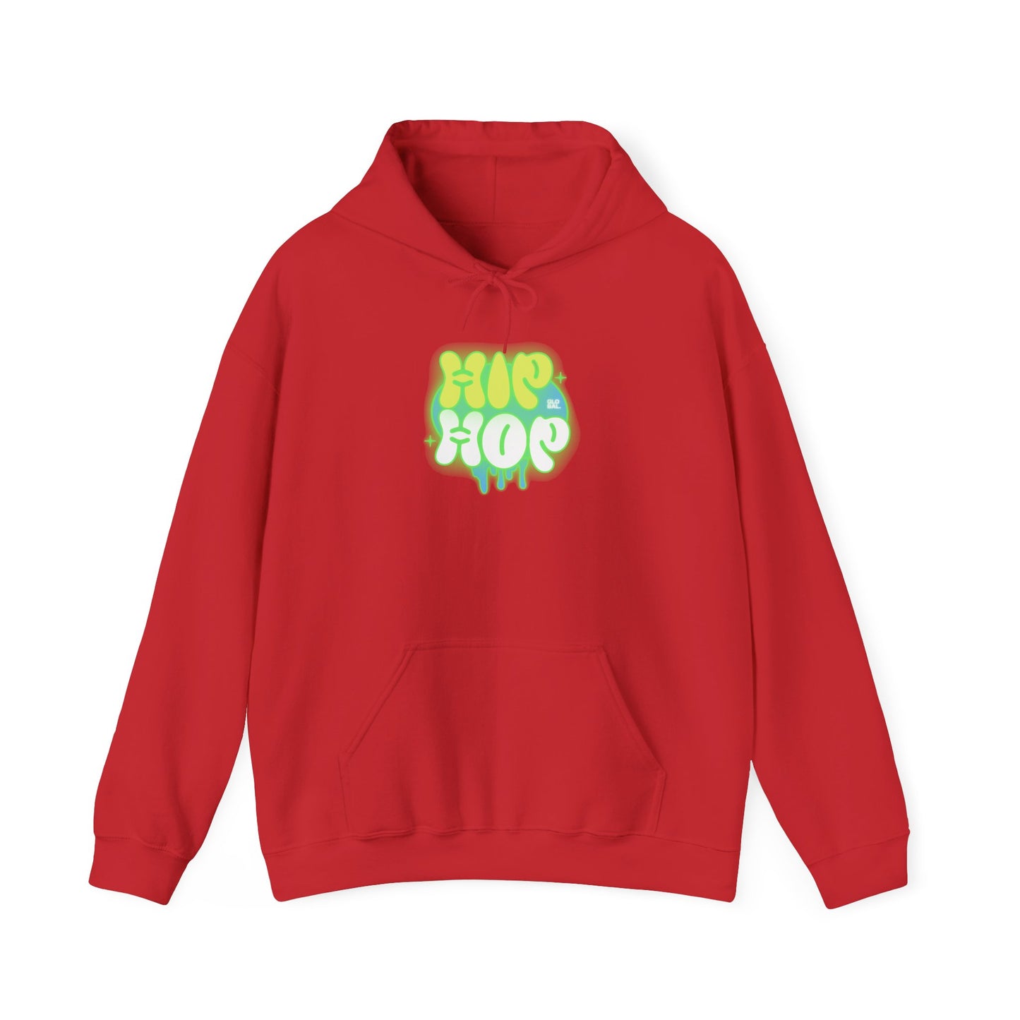 A red pullover hoodie with a colorful 'HIP HOP' graphic on the chest, displayed against a plain white background. Wearable Art Bold Graffiti Hip Hop Hoodie for Urban Fashion Lovers